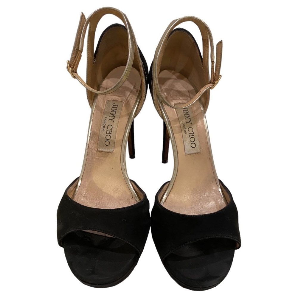Jimmy Choo Black Velvet Open Toe Gold Strap Heels Size 38